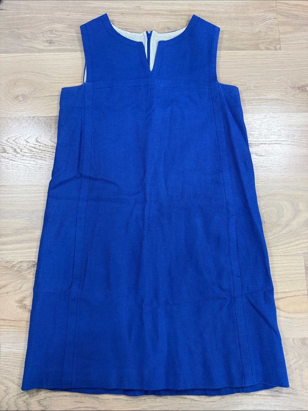 'S Max Mara Royal Blue Textured Shift Dress Split Neck Sleeveless Pockets
